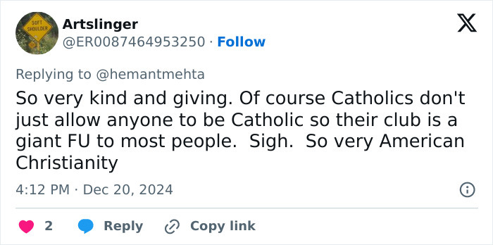 Tweet comment on Catholicism amid holiday billboard debate, engaging Christians and atheists.
