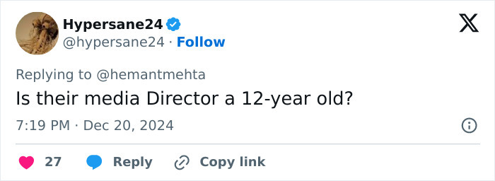Tweet by Hypersane24 questioning the media director’s age, related to a billboard war between Christian and atheist groups.