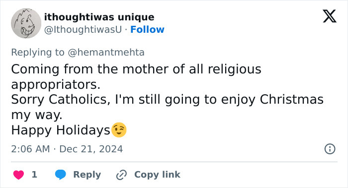 Tweet about enjoying Christmas despite religious appropriation, involving Christian and atheist group discussions.