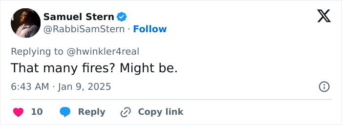 Tweet reaction to LA wildfires, mentions multiple fires in response to Henry Winkler’s theory.