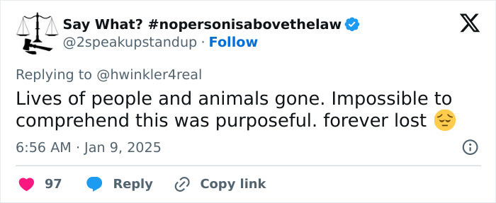 Tweet expressing sorrow over LA wildfires' impact, questioning intentionality and referencing Henry Winkler’s theory.