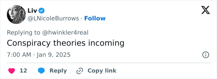 Tweet suggesting conspiracy theories related to LA wildfires and arsonists.