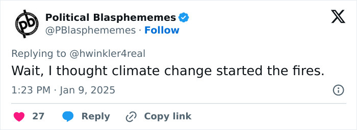 Tweet questioning arsonists' role in LA wildfires, referencing climate change and Henry Winkler's theory.
