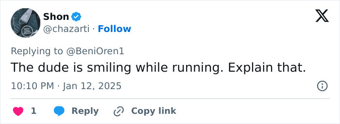 A tweet questioning why a young man is smiling while running, related to La Palisades fire conspiracy theories.