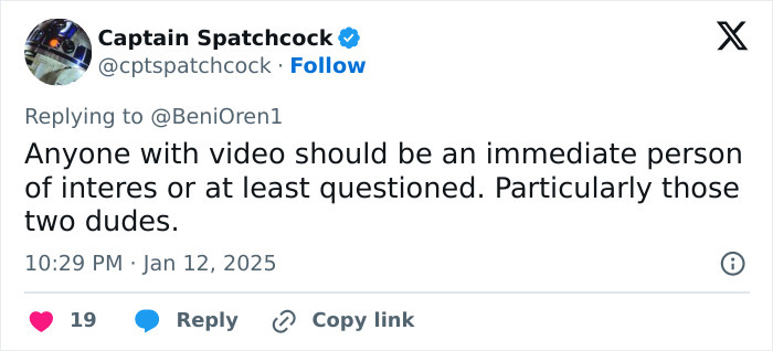 A tweet discussing video evidence related to the La Palisades fire and conspiracy theories involving young men.