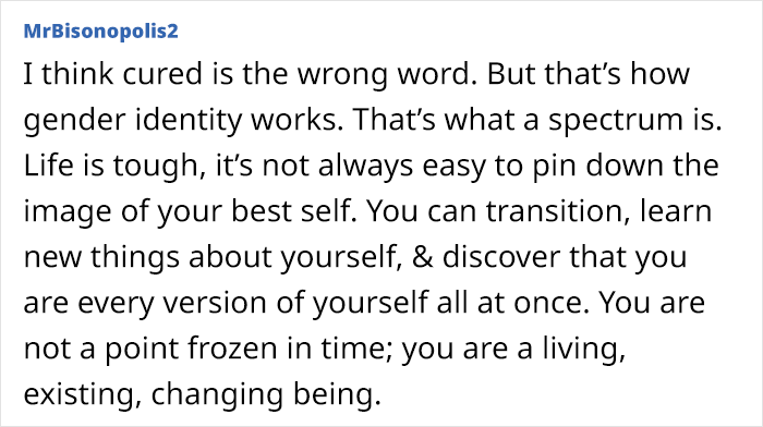 Text discussing gender identity and self-discovery, emphasizing transition and personal growth beyond fixed points.
