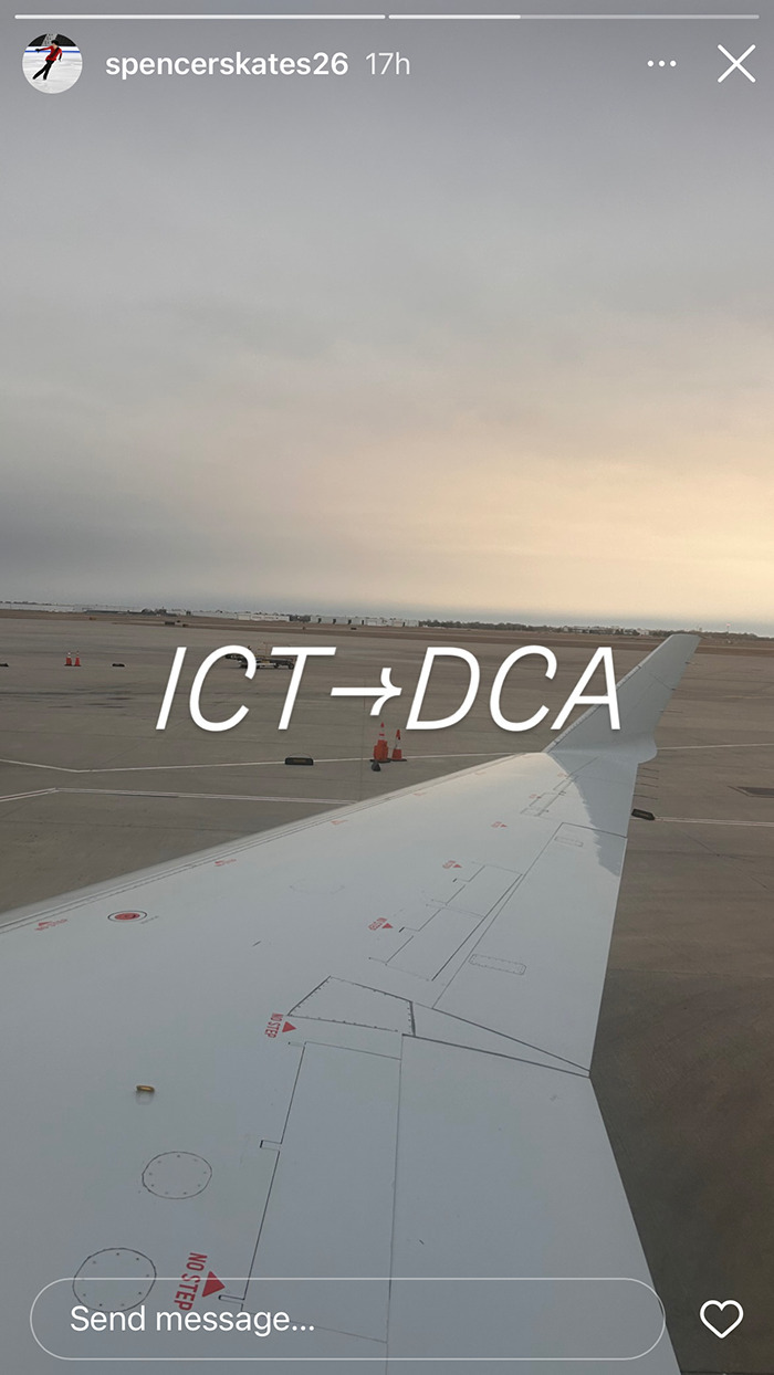 Wing view from an airplane window with text "ICT→DCA," linked to teen skaters’ heartbreaking photos.