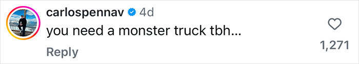 Comment responding to plus-size influencer's demand for larger McLaren car seats, suggesting a monster truck instead.