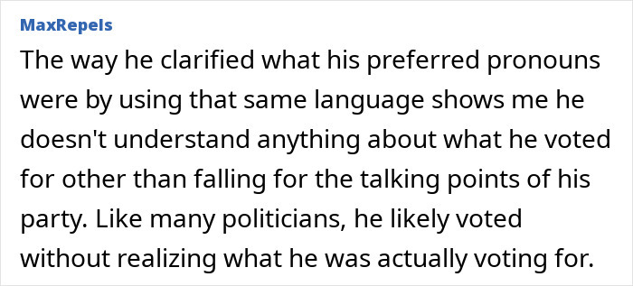 Text comment discussing politics and pronoun use, highlighting misunderstanding of voting intentions.