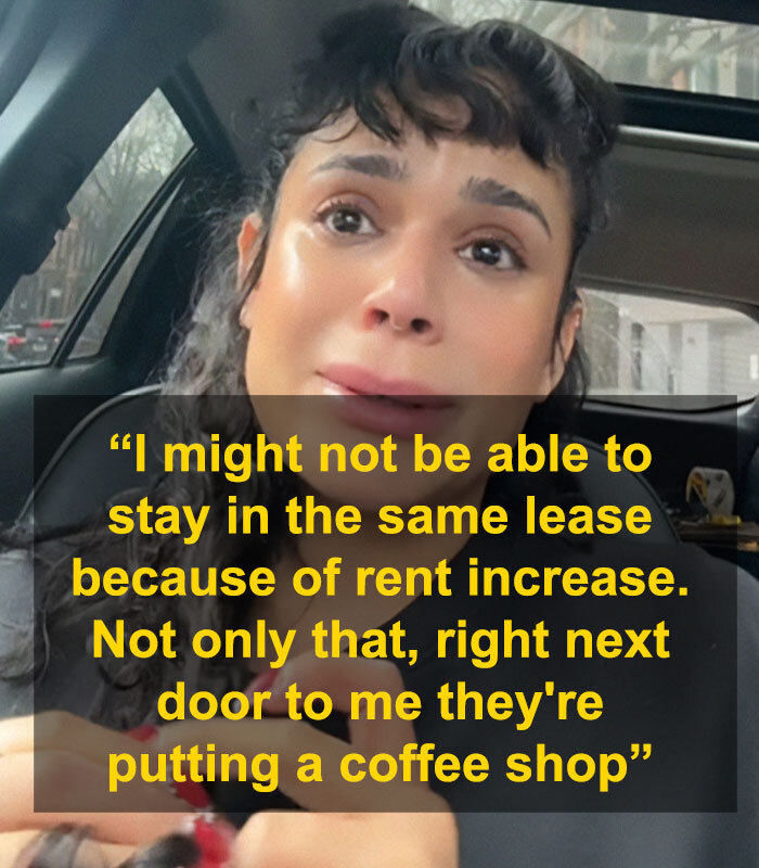 A tearful person discussing NYC cafe struggles amidst rent issues and competition, overlaid with a quote.