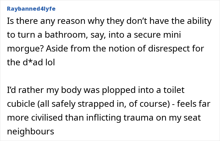 Text discussing ideas about handling deceased passengers on flights.