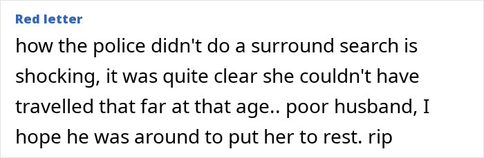 Comment discussing a woman's disappearance and the husband's experience, mentioning a lack of search effort.