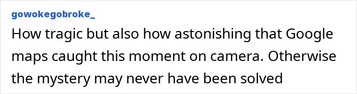 Text of a comment discussing how Google Maps captured a moment crucial to solving a woman's mystery disappearance.