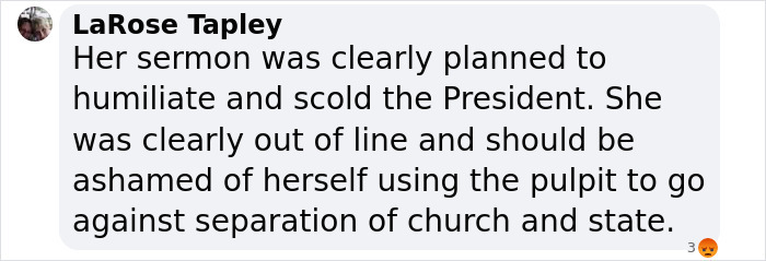 Audience comment criticizing Bishop Budde's sermon for its political tone and impact.