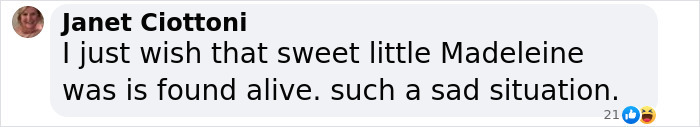 Comment expressing sadness about Madeleine McCann's situation.