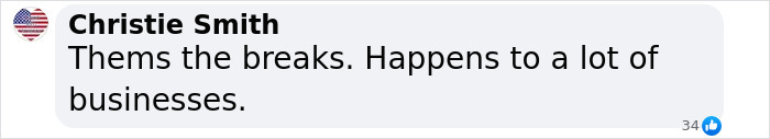 Text comment on NYC cafe's situation: "Thems the breaks. Happens to a lot of businesses," by Christie Smith.