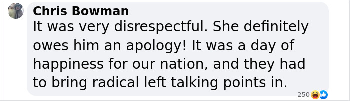 Text from Chris Bowman critiquing Bishop Mariann Budde's inauguration sermon as disrespectful and politicized.