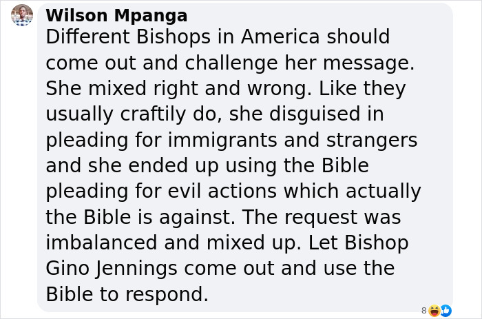 Comment criticizing Bishop Mariann Budde's message, urging other bishops to respond.