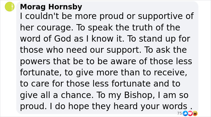 Text exchange praising Bishop Mariann Budde's courage and leadership.