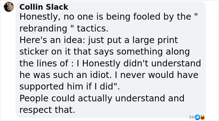 Text conversation about Tesla owners changing logos amid Elon Musk controversy, suggesting honesty over rebranding.