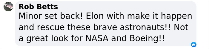 Comment expressing frustration over SpaceX delaying astronaut rescue mission, mentioning Elon, NASA, and Boeing.