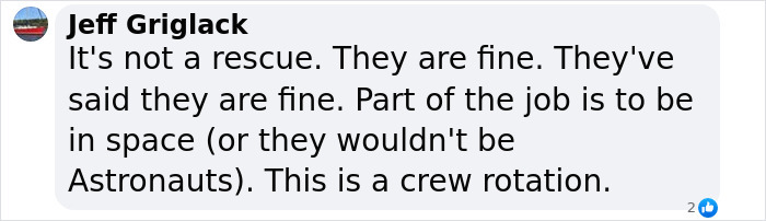 Comment discussing SpaceX and stranded astronauts, clarifying it as a crew rotation and not a rescue mission.