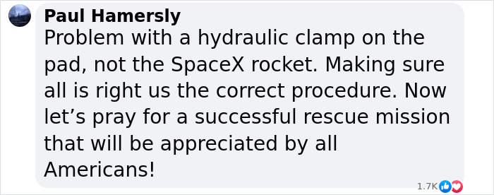 Comment addressing SpaceX rescue mission delay, noting an issue with a hydraulic clamp, not the rocket itself.