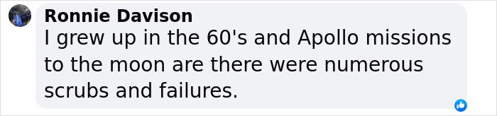 Comment recalling Apollo mission failures, referencing 1960s experiences.