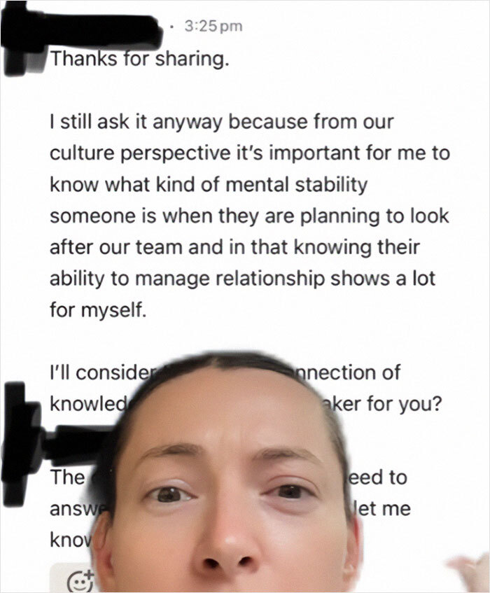 Woman’s surprised expression overlaid on CEO’s text about relationship questions in interviews.