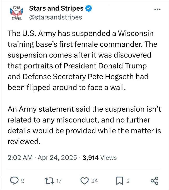 Army Suspends Base’s First Female Commander After Trump, Hegseth Portraits Were Flipped Around