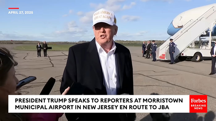 Trump addressing reporters at Morristown Airport about Virginia Giuffre’s death and Epstein conspiracy connection.