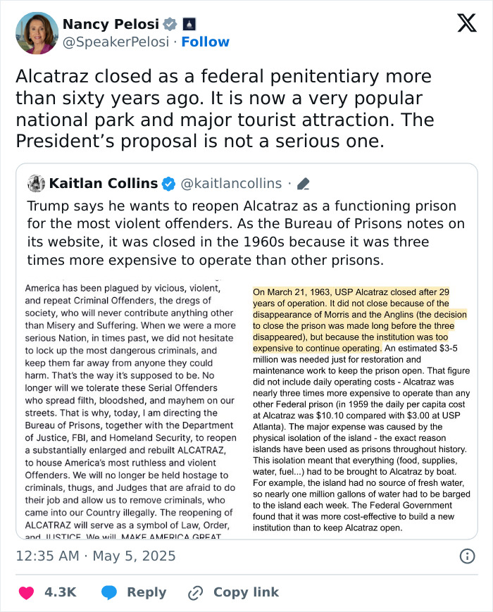 Tweet discussing Trump’s plan to reopen and expand the notorious Alcatraz prison amid deportation and criminal justice debates.