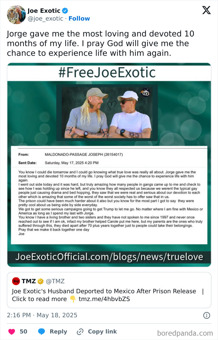 Tweet showing Joe Exotic expressing love for his husband alongside a letter about deportation and Trump deporting Joe Exotic’s husband.