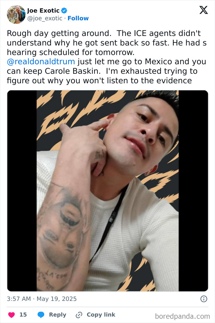 Joe Exotic’s husband posing with tattooed arm, discussing Trump deportation and ICE agents in a social media post. Joe Exotic’s husband posing with tattooed arm, discussing Trump deportation and ICE agents in a social media post.
