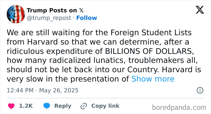 Tweet discussing foreign student lists from Harvard amid viral rumors about Barron’s college search, related to Melania Trump.