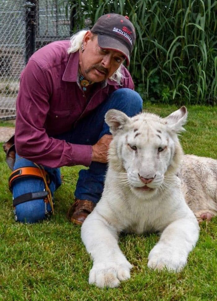 Man kneeling on grass with a white tiger cub, relating to Trump deporting Joe Exotic’s husband.