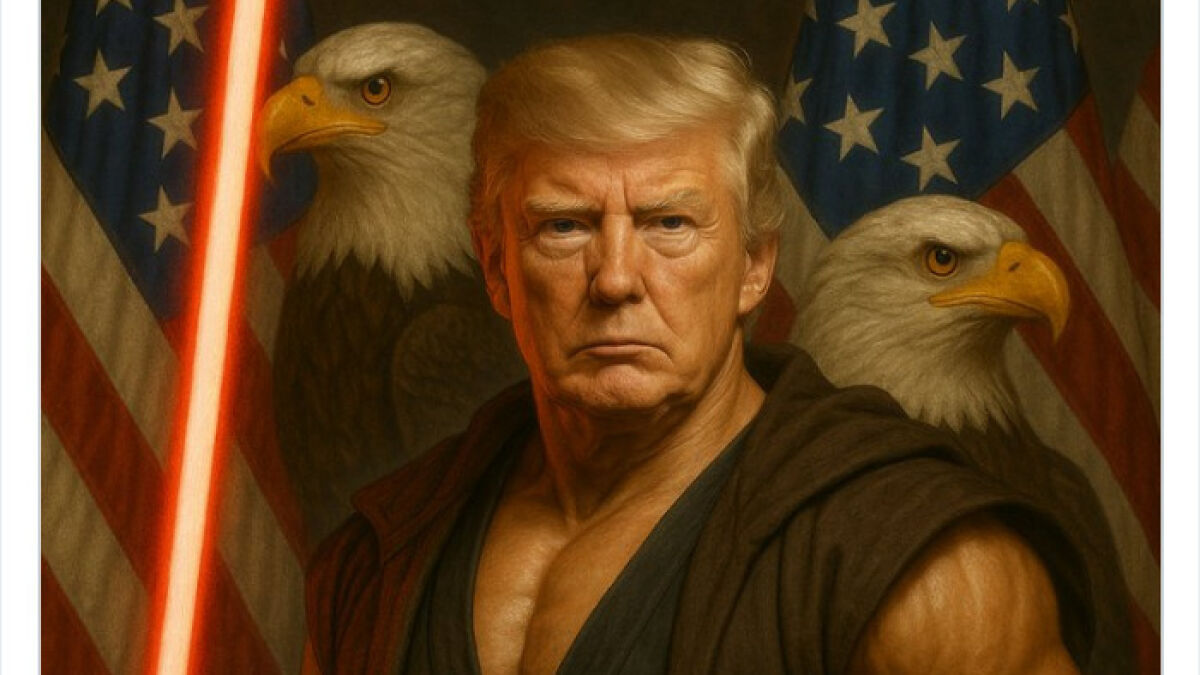 Donald Trump posing with a red lightsaber on Star Wars Day, with American flags and bald eagles in the background.