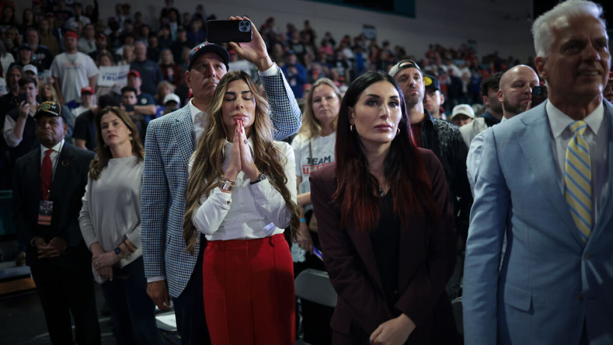 Crowd at a political rally with Real Housewives star attending ahead of Trump appointing her to Holocaust Museum board.
