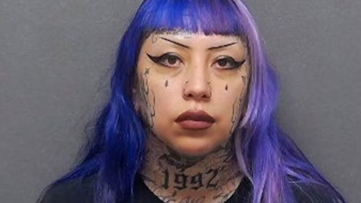 Woman with purple hair and facial tattoos, accused of supplying ammo and gear for planned mass targeted violence at school.
