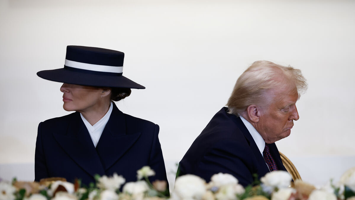 Donald Trump and Melania Trump sitting back to back, dressed formally, illustrating their separated relationship.