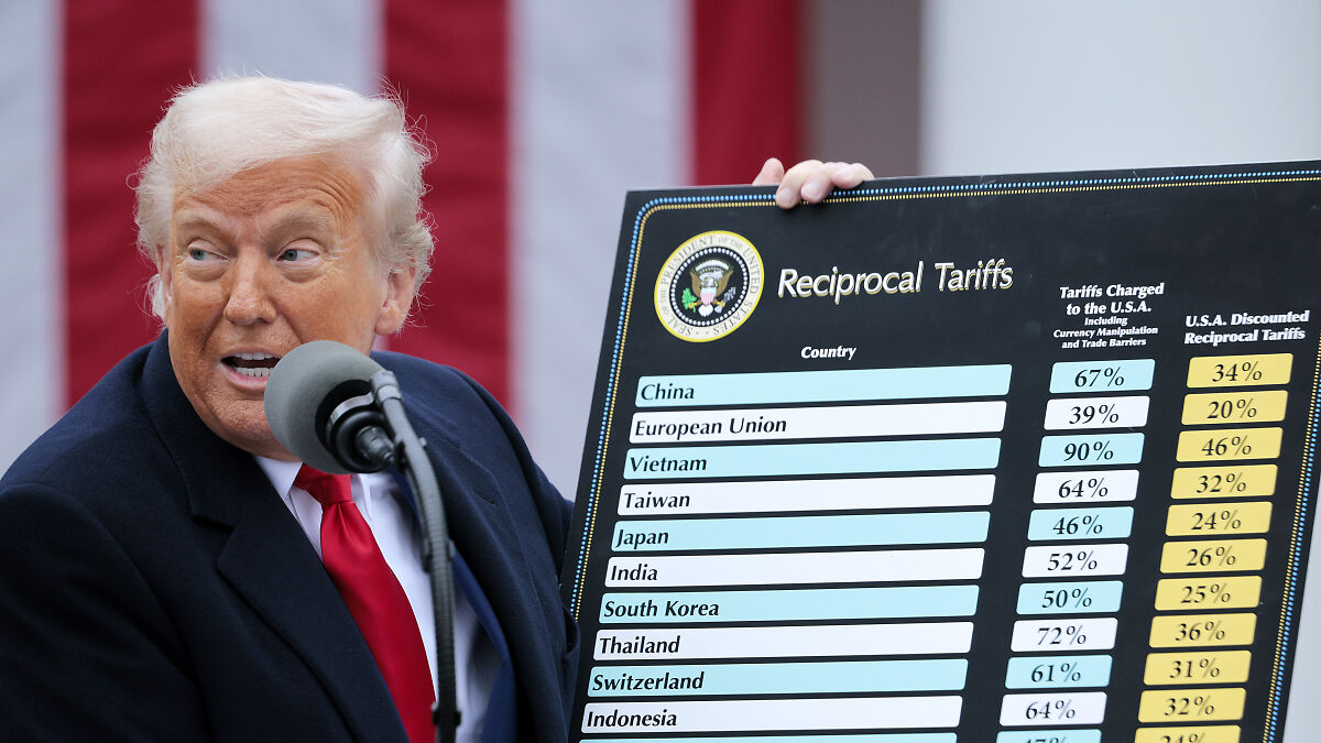 Donald Trump speaking at a podium, holding a chart on reciprocal tariffs during a public event.