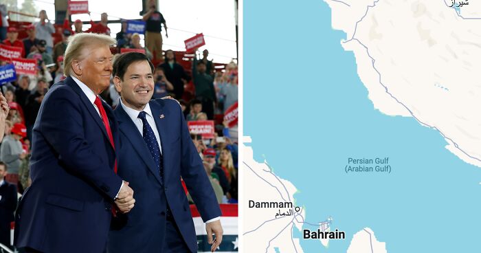 Donald Trump and Marco Rubio at rally alongside a map showing the Persian Gulf region with Bahrain highlighted.