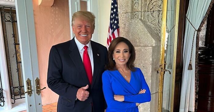Donald Trump and Fox News host posing indoors with an American flag in the background for a top D.C. post announcement.