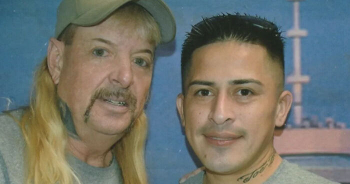 Joe Exotic and his husband posing together after their prison wedding, related to deportation news involving Trump.