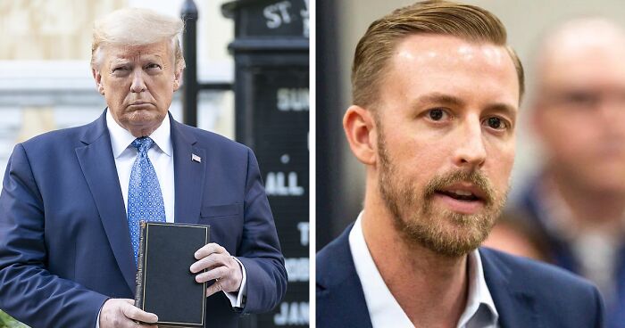 Former president in navy suit holding book outdoors, alongside man with beard speaking at an indoor event about election claims.