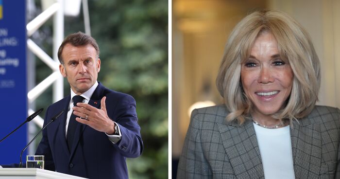 Emmanuel Macron speaking seriously at a podium outdoors, and Brigitte Macron smiling indoors in a checked blazer.