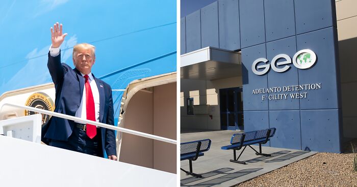 Former President Trump waving from an airplane and the GEO private prison facility exterior with benches outside.
