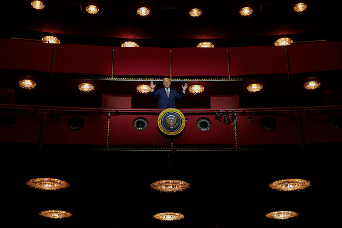 Former president Trump speaking from a balcony at the Kennedy Center amid Les Misérables cast controversy.