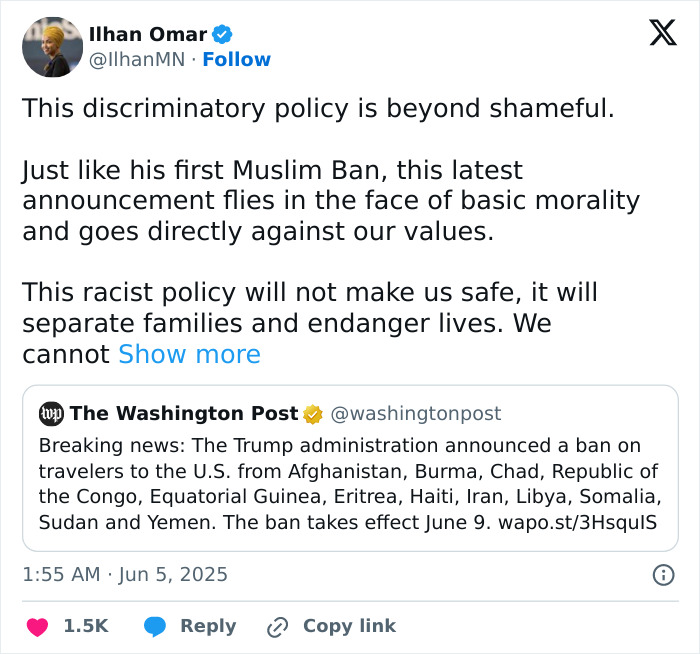 Tweet criticizing Trump’s travel ban policy limiting people from 19 countries entering the US, shared by Ilhan Omar.