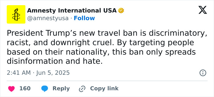 Tweet from Amnesty International USA criticizing Trump’s sweeping travel ban limiting people from 19 countries entering the US.